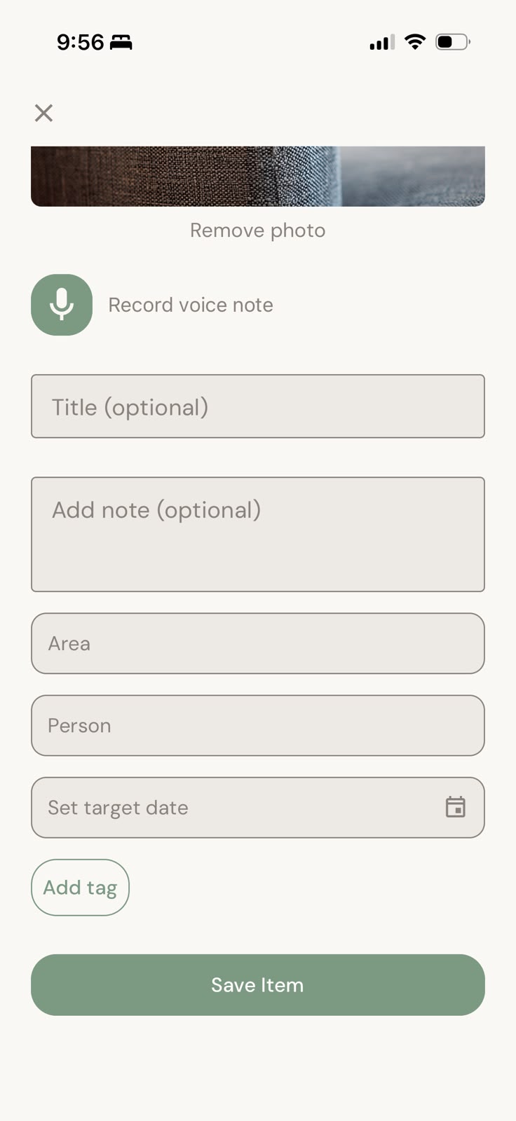 The capture form with photo thumbnail, voice note button, title, note, area, person, target date and tag fields above the Save Item button